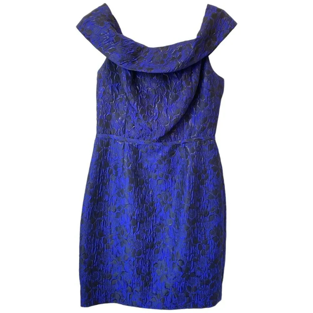RICKIE FREEMAN TERI JON Off Shoulder Jacquard Dress Royal Blue Size 8 Cocktail